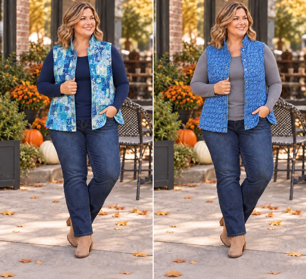 Reversible Blue Abstract Geometric Vest Snap Front XL Fall Layering